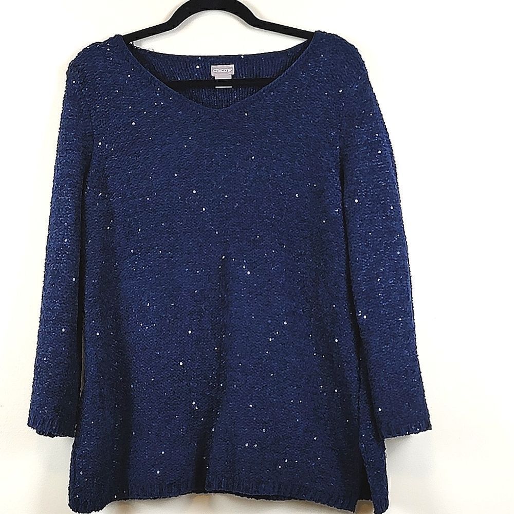 Chico's Sequined Blue V-neck Long Sleeve Knit Sweater Tunic Top Size M